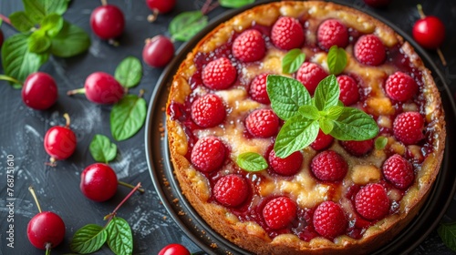 Cake With Raspberries and Mint