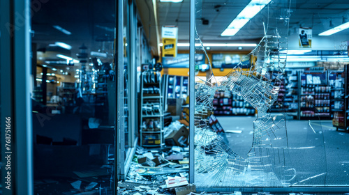 A graphic image of a shattered storefront window with shards of glass, set against a backdrop of an illuminated store interior at night photo