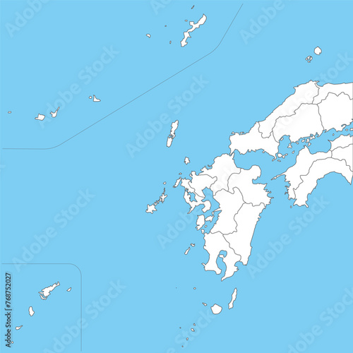 九州沖縄地方、九州沖縄地方周辺のシンプルな白地図、県の境界入り