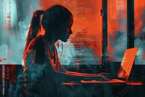 Hacker with a laptop and code background in a double exposure. Generative AI