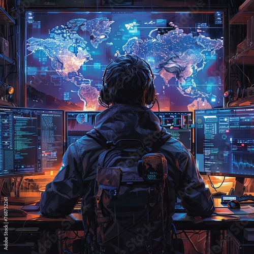 The dark figure of a hacker sits in front of the computer, surrounded by monitors displaying code and a world map, with a blue glow effect. Generative AI