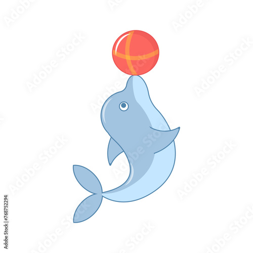 Cute happy blue dolphin cartoon playing beach ball