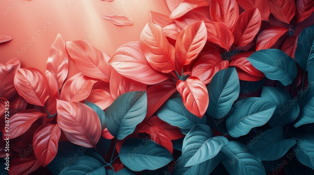Red and Green Leaves on Pink Background Red and Green Leaves on Pink Background