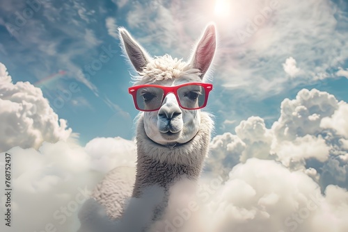 Whimsical Llama Floating Amidst Clouds Wearing Stylish Sunglasses in Surreal,Vibrant Scene
