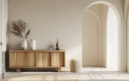 3D rendering of a modern interior design with a wooden cabinet, white wall and arched brown beige wall in the style of living room at home © Sikandar Hayat