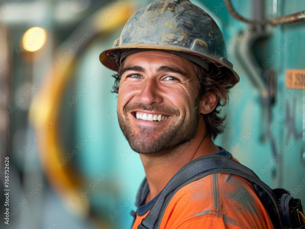 A man wearing a hard hat and orange shirt is smiling A man wearing a hard hat and orange shirt is smiling
