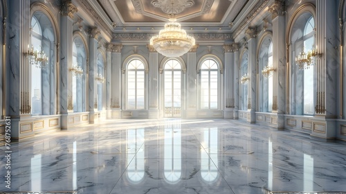Majestic Interiors of a Luxurious Ballroom Palace with Stunning Marble Floors and Ornate Chandeliers