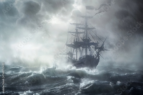 Majestic Pirate Ship Weathering the Tempestuous Waves of the Stormy Seas with Unwavering Resilience and Daring Courage