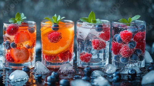 Raspberries and Blueberries in Glass With Ice