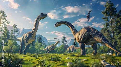 Majestic Prehistoric Landscape Showcasing Iconic Dinosaurs of the Triassic Era Roaming the Lush Green Meadows Against a Dramatic Sky Background