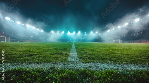 Soccer Stadium With Green Field and Lights