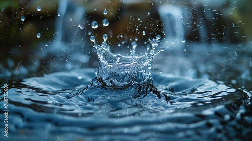 Detailed shot of water droplets splashing into a pond capturing the moment of impact and the resulting intricate patterns