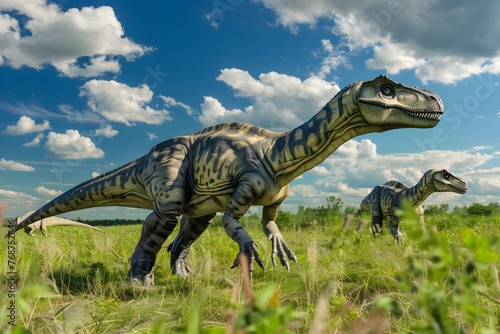 Triassic Dinosaur Habitat in Green Grass Land with Blue Sky Prehistoric World Concept Art