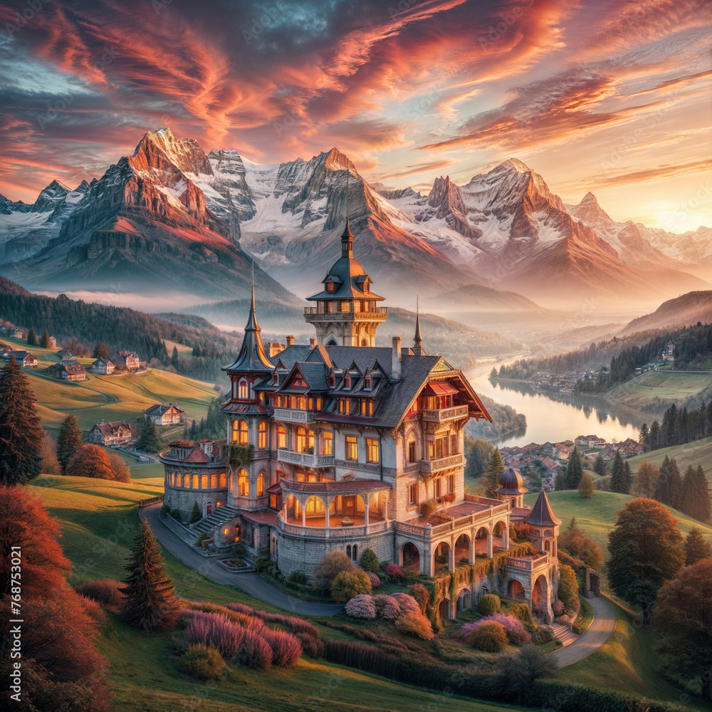 Obraz premium swiss village in the mountains, landscape of sunset with lake and clouds