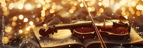 Vintage Violin and Musical Score Enveloped in Warm,Glowing Bokeh Lights,Evoking a Dreamlike,Nostalgic Musical Performance