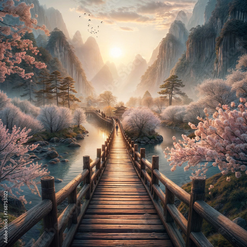Sunset over the wood bridge in a chinese landscape with lake and trees