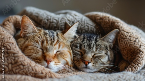Two Cats Sleeping on Blanket