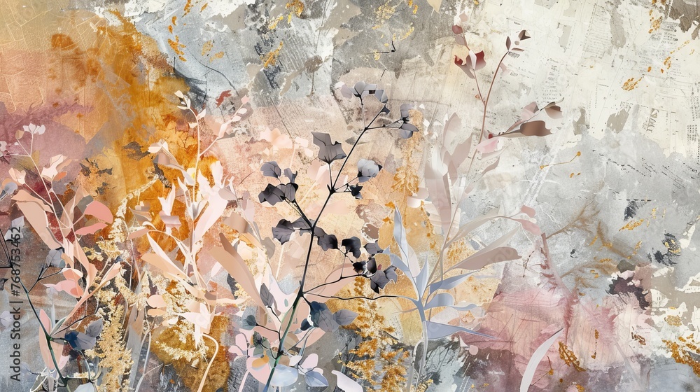 Abstract art: plants, flowers, golden grain. Freehand. Oil on canvas. Brush the paint. Modern art: plants, flowers, wallpaper, posters, cards, murals, carpets, hangings....