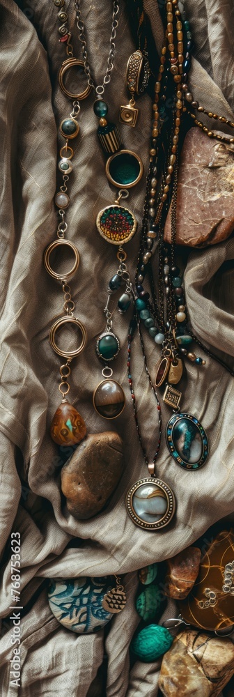 Artistic flat lay of handmade jewelry, including necklaces, bracelets, and rings, crafted from recycled materials and natural stones, displayed on textured fabric created with Generative AI Technology