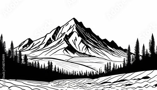 One continuous line drawing of mountain range landscape. Web banner with mounts in simple. Generative AI. © hanifa