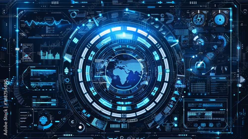 A circle-themed abstract digital technology UI, UX, futuristic HUD, FUI, and virtual interface, featuring callouts, titles, and frames imbued with a Sci-Fi flair A circle-themed abstract digital technology UI, UX, futuristic HUD, FUI, and virtual interface, featuring callouts, titles, and frames imbued with a Sci-Fi flair