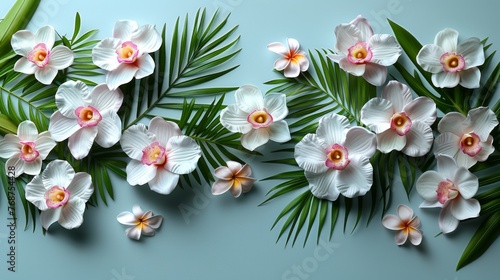 White and Pink Flowers on Blue Background