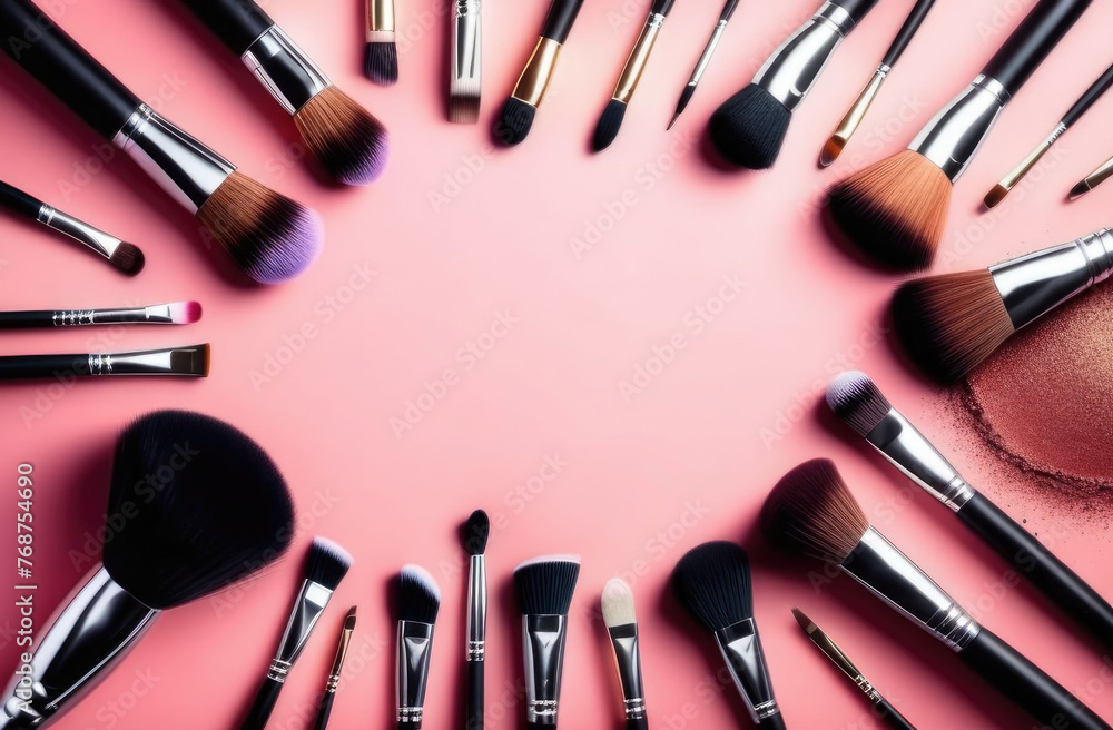 Cosmetic brushes and cosmetics on pink background,space for text,beauty industry Cosmetic brushes and cosmetics on pink background,space for text,beauty industry