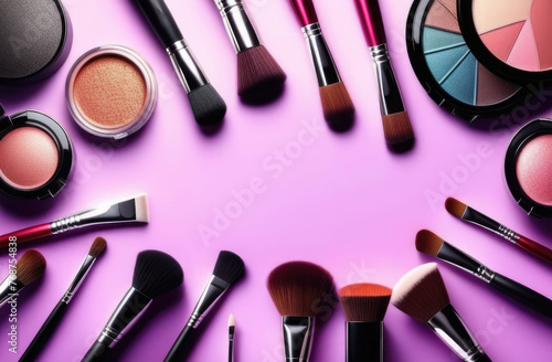 Cosmetic brushes and cosmetics on pink background,space for text,beauty industry