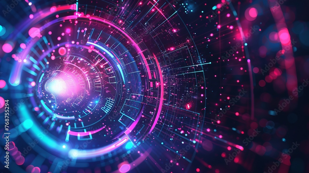 A cosmic HUD sci-fi interface vector abstract background, intertwining elements of science, disco, and party aesthetics, suitable for prints, videos, and more