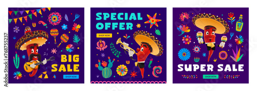 Cinco de mayo holiday sale banners, special offer and super big sale. Vector square promotional cards or social media posts with red hot jalapeno, chili, guindilla mariachi pepper musician characters