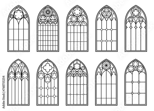 Medieval windows of gothic castle or church glass and cathedral arches, vector architecture. Vintage gothic windows with stained glass ornament, antique temple or Renaissance church arched windows