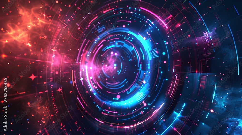 A cosmic HUD sci-fi interface vector abstract background, intertwining elements of science, disco, and party aesthetics, suitable for prints, videos, and more