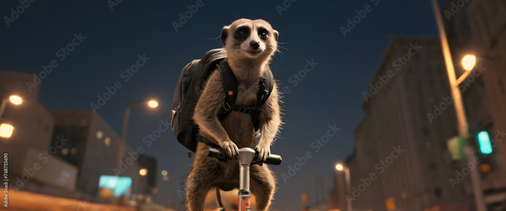 A cartoon meerkat from the Limur species on a scooter with a backpack on its back rides through the city at night