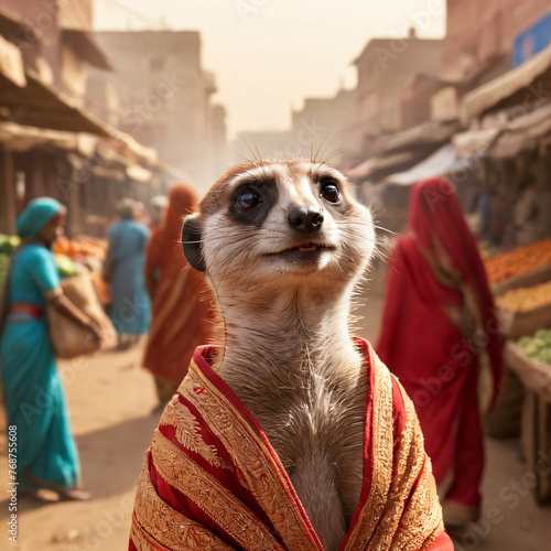 A cartoon meerkat of the Limur species at an Indian market among the fruit stalls in Indian clothing. Trades in spices and spices