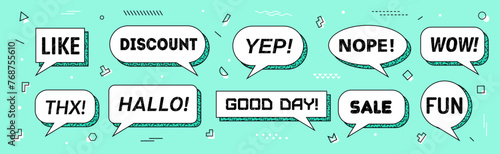 Memphis speech bubbles isolated vector set. White dialog boxes or clouds with thick outlines and dynamic visual typography like, discount, yep or nope. Wow, thx, hallo and good day, sale and fun