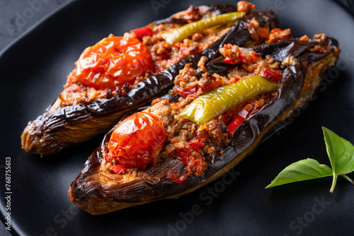 Traditional Turkish Cuisine. Turkish dish eggplant with minced meat Karniyarik © banusevim