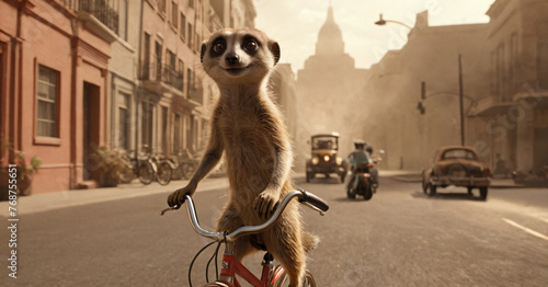 A cartoon meerkat from the Limur species rides a bicycle through a dusty city.