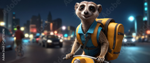 A cartoon meerkat from the Limur species on a scooter with a backpack on its back rides through the city at night photo