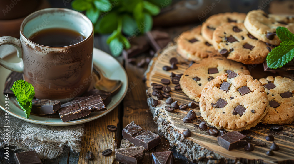 Fototapeta premium a cup tea with biscuit cookies