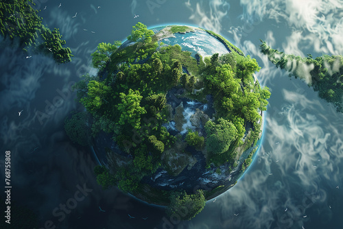 Realistic illustration of a green and blue earth, with trees growing on it, symbolizing environmental care and eco-friendly living.