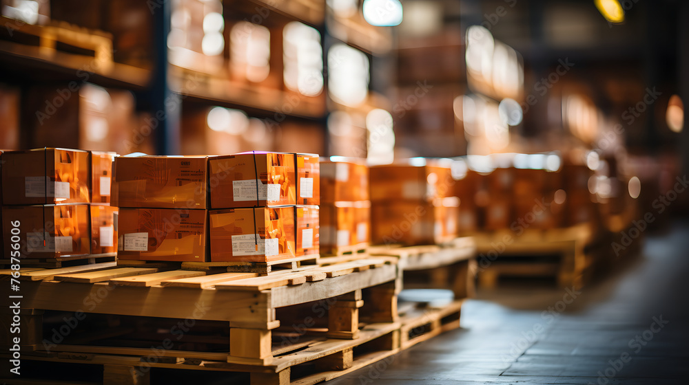 A well-lit warehouse isle featuring multiple pallets stacked with orange parcels ready for distribution - obrazy, fototapety, plakaty 