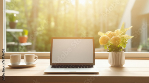 Laptop computer with blank screen on wooden table and coffee cup in morning sunlight © Synthetica