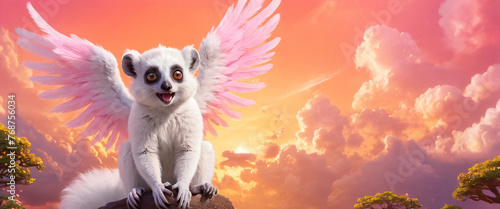 Cartoon fluffy lemur with white wings on the clouds at sunset or sunrise. Animal angel