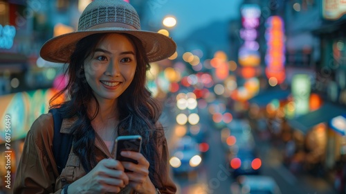 Woman in Hat Using Cell Phone