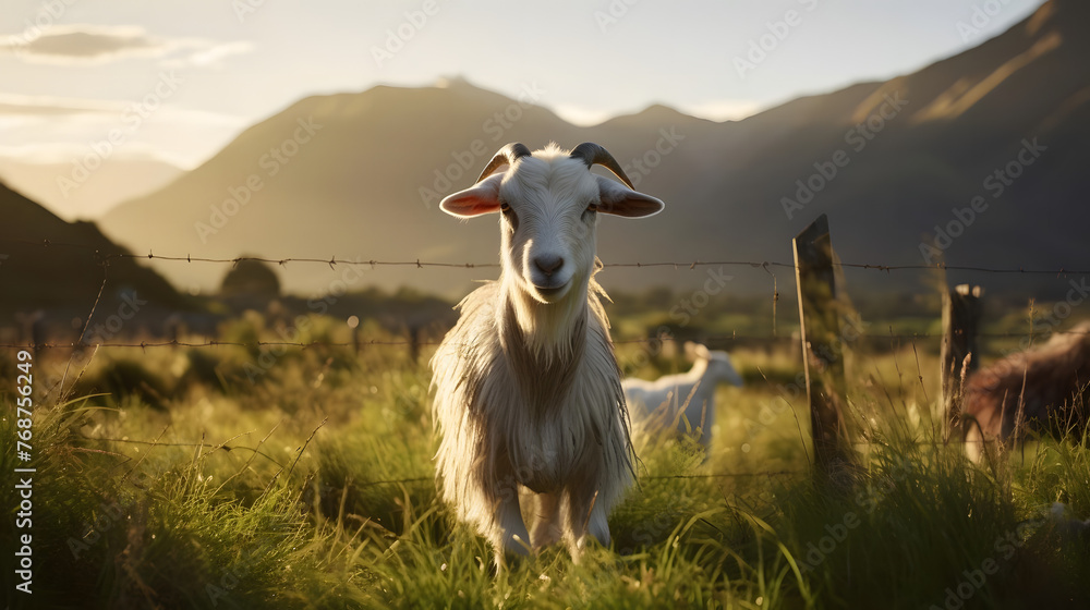 Rural Rumbler, A Kiko Goat in New Zealand Farms. Generated AI - obrazy, fototapety, plakaty 