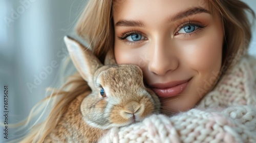 Woman Holding Rabbit in Her Arms