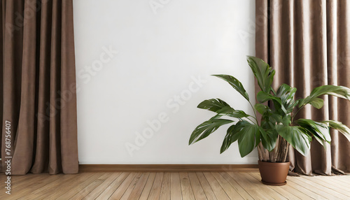Plant against a white wall mockup. White wall mockup with brown curtain, plant and wood floo. Generative AI. photo