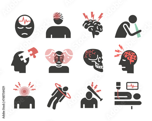 Traumatic brain injury icons. Head Injury Treatment. Symptoms. Vector signs for web graphics.