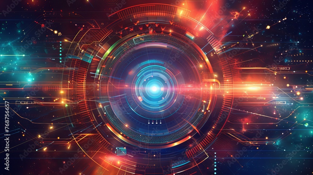 A cosmic HUD sci-fi interface vector abstract background, intertwining elements of science, disco, and party aesthetics, suitable for prints, videos, and more - obrazy, fototapety, plakaty 