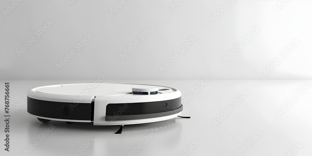 Robotic Vacuum Cleaner Efficiently Tidying Up Digital Messes on a Clean White Background with Ample Copy Space Robotic Vacuum Cleaner Efficiently Tidying Up Digital Messes on a Clean White Background with Ample Copy Space